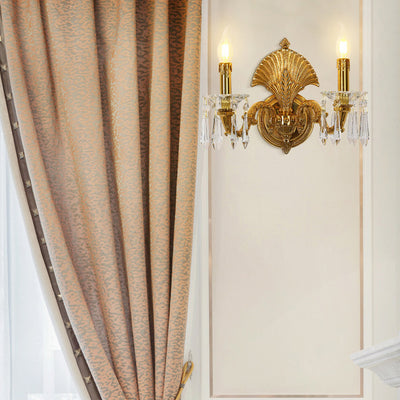 Traditional French Candle-Shaped Full Brass Crystal 2-Light Wall Sconce Lamp For Living Room