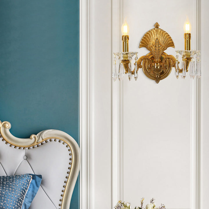 Traditional French Candle-Shaped Full Brass Crystal 2-Light Wall Sconce Lamp For Living Room