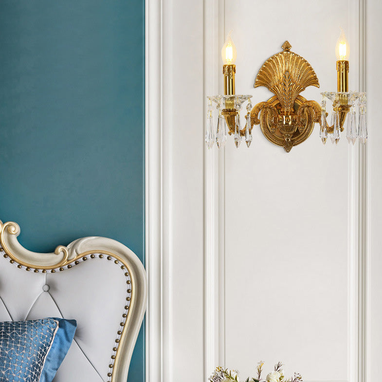Traditional French Candle-Shaped Full Brass Crystal 2-Light Wall Sconce Lamp For Living Room