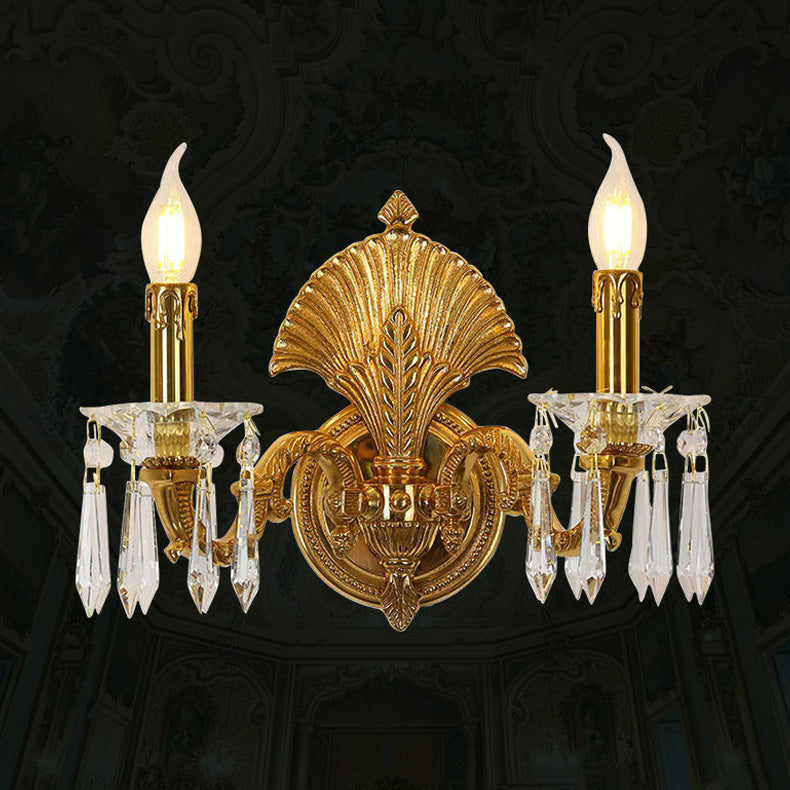 Traditional French Candle-Shaped Full Brass Crystal 2-Light Wall Sconce Lamp For Living Room