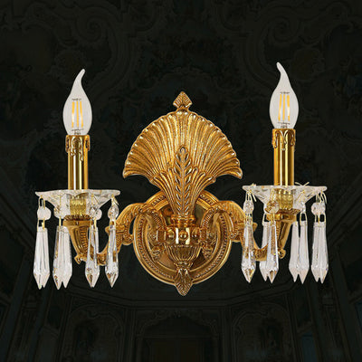 Traditional French Candle-Shaped Full Brass Crystal 2-Light Wall Sconce Lamp For Living Room