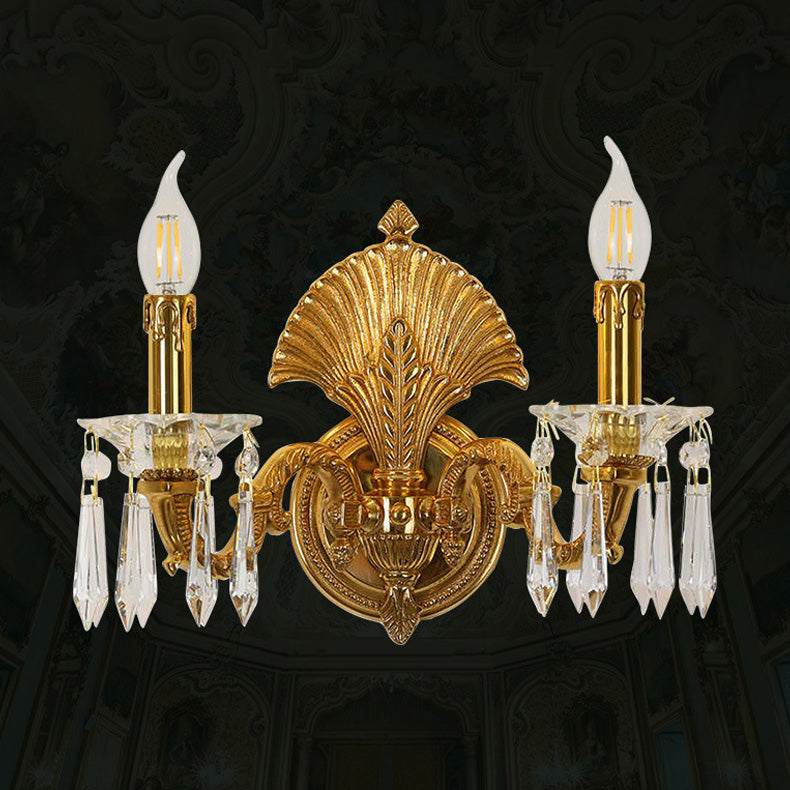 Traditional French Candle-Shaped Full Brass Crystal 2-Light Wall Sconce Lamp For Living Room