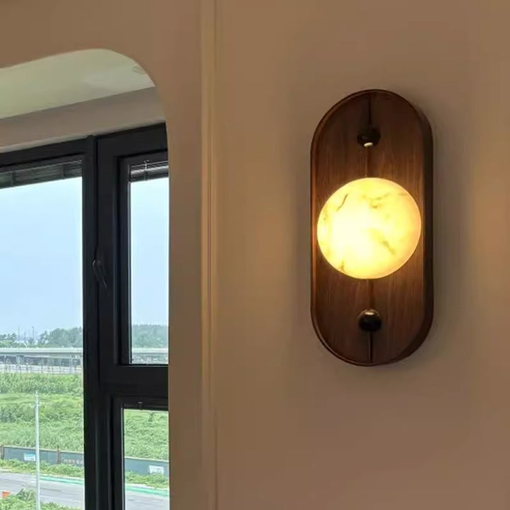 Traditional Vintage Oval Iron Natural Marble LED Wall Sconce Lamp For Bedroom