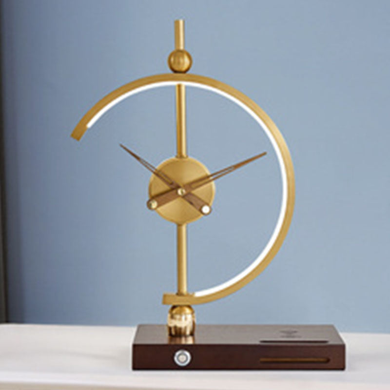 Contemporary Creative Clock Round Aluminum Acrylic Table Lamp With Solid Wood Base LED For Bedroom