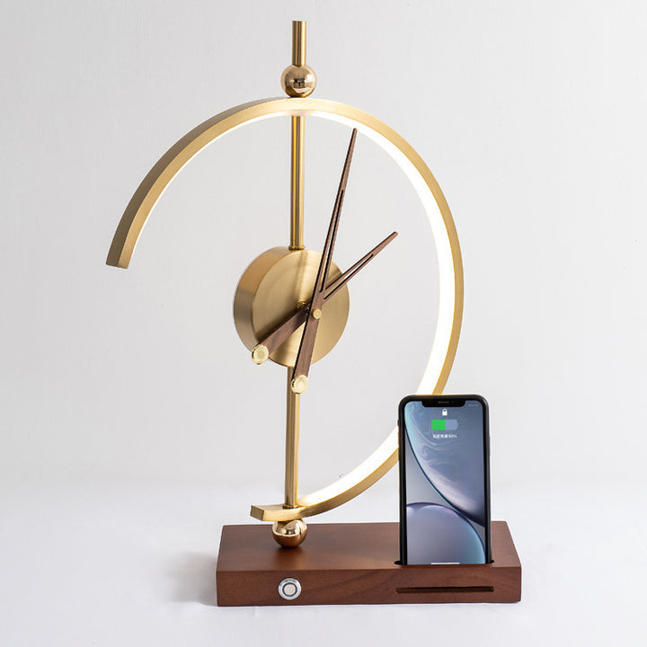 Zeitgenössische kreative Uhr Runde Aluminium Acryl Tischlampe mit massivem Holzsockel LED für das Schlafzimmer 