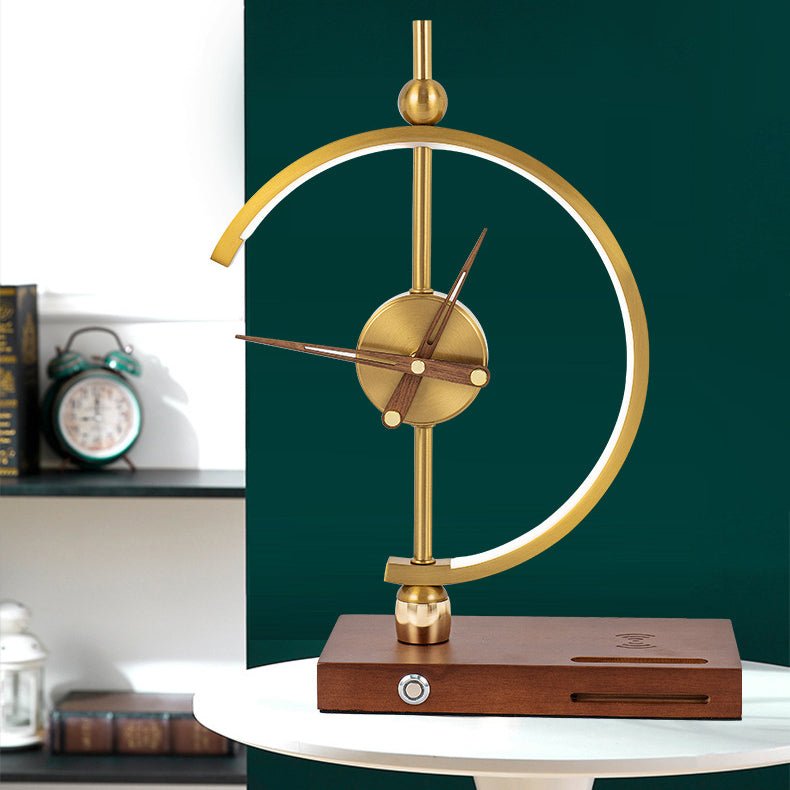 Contemporary Creative Clock Round Aluminum Acrylic Table Lamp With Solid Wood Base LED For Bedroom