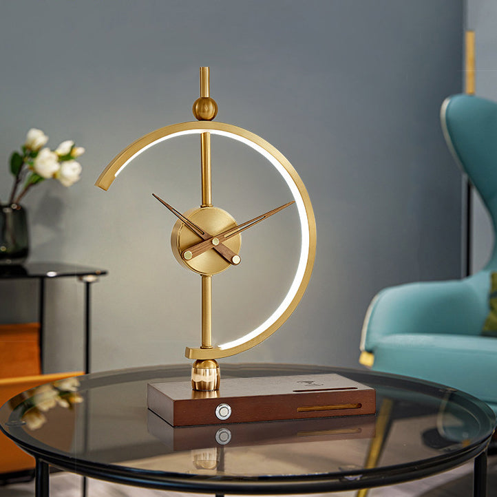 Contemporary Creative Clock Round Aluminum Acrylic Table Lamp With Solid Wood Base LED For Bedroom