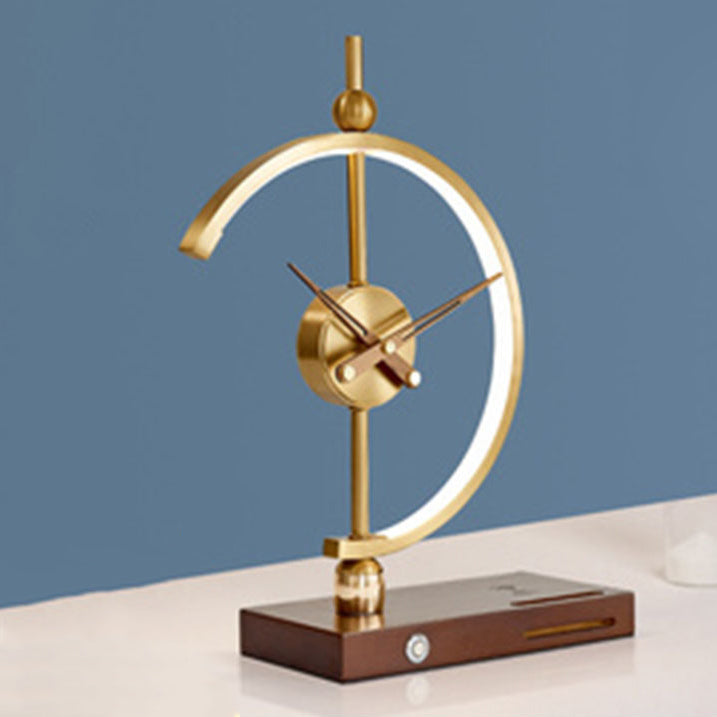 Contemporary Creative Clock Round Aluminum Acrylic Table Lamp With Solid Wood Base LED For Bedroom