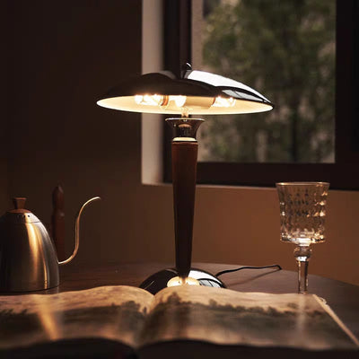 Traditional Japanese Mushroom Round Shade Iron Solid Wood 2-Light Table Lamp For Bedroom