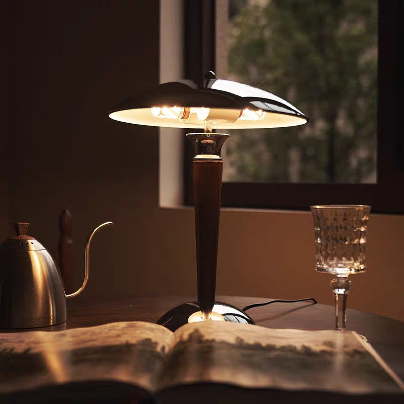 Traditional Japanese Mushroom Round Shade Iron Solid Wood 2-Light Table Lamp For Bedroom