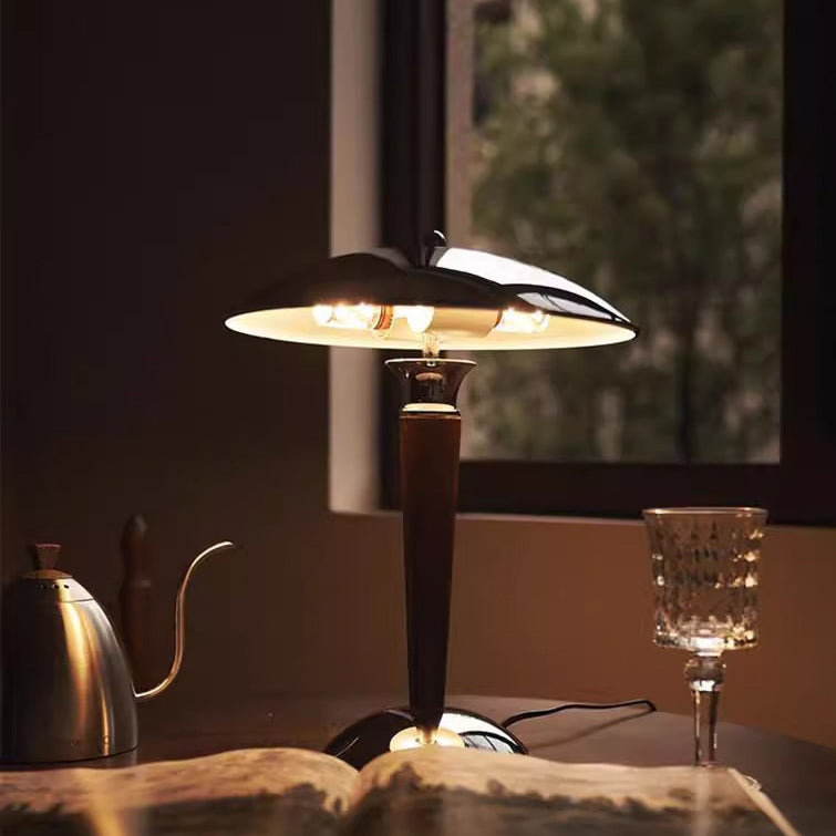 Traditional Japanese Mushroom Round Shade Iron Solid Wood 2-Light Table Lamp For Bedroom
