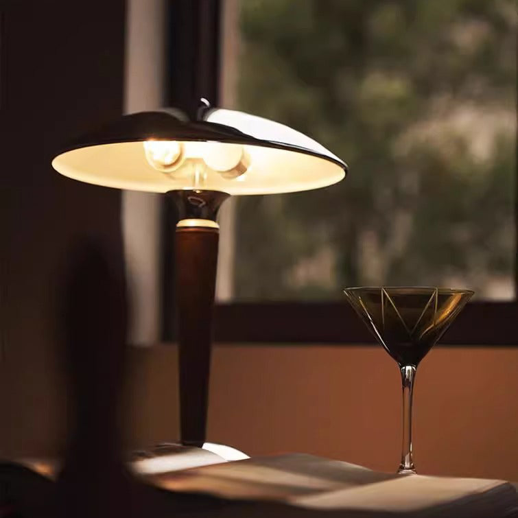 Traditional Japanese Mushroom Round Shade Iron Solid Wood 2-Light Table Lamp For Bedroom