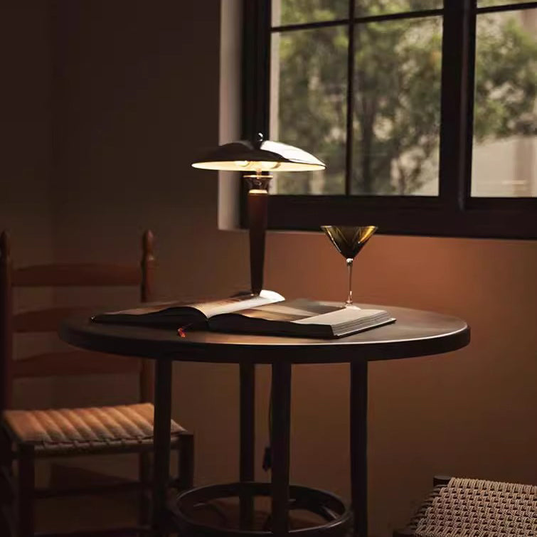 Traditional Japanese Mushroom Round Shade Iron Solid Wood 2-Light Table Lamp For Bedroom