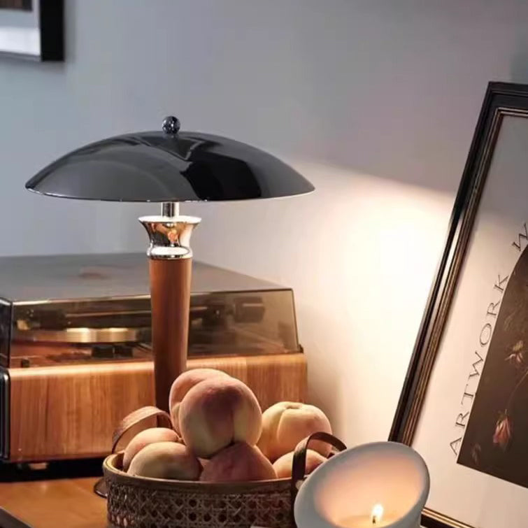 Traditional Japanese Mushroom Round Shade Iron Solid Wood 2-Light Table Lamp For Bedroom