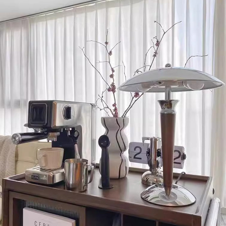 Traditional Japanese Mushroom Round Shade Iron Solid Wood 2-Light Table Lamp For Bedroom