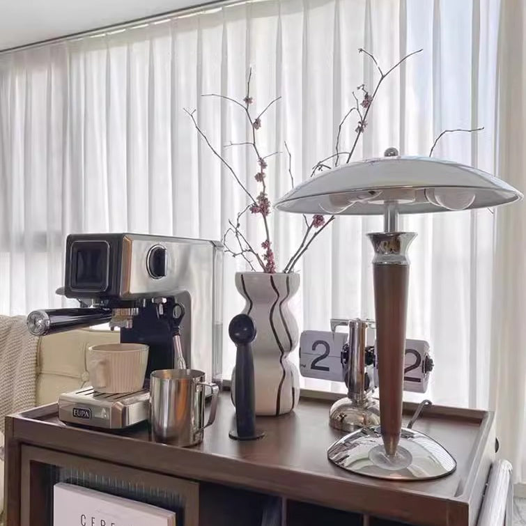 Traditional Japanese Mushroom Round Shade Iron Solid Wood 2-Light Table Lamp For Bedroom