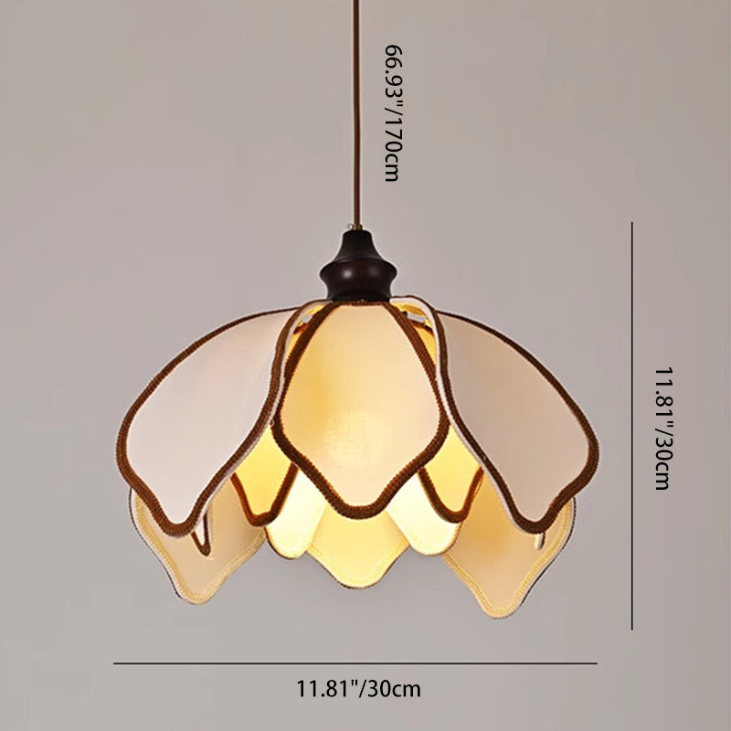 Traditional French Petal-Shaped Ash Wood Stretch Fabric 1-Light Pendant Light For Living Room