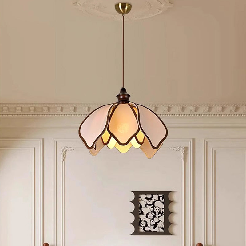 Traditional French Petal-Shaped Ash Wood Stretch Fabric 1-Light Pendant Light For Living Room