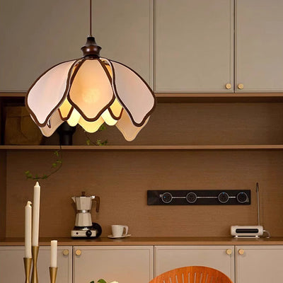 Traditional French Petal-Shaped Ash Wood Stretch Fabric 1-Light Pendant Light For Living Room
