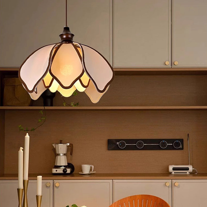 Traditional French Petal-Shaped Ash Wood Stretch Fabric 1-Light Pendant Light For Living Room