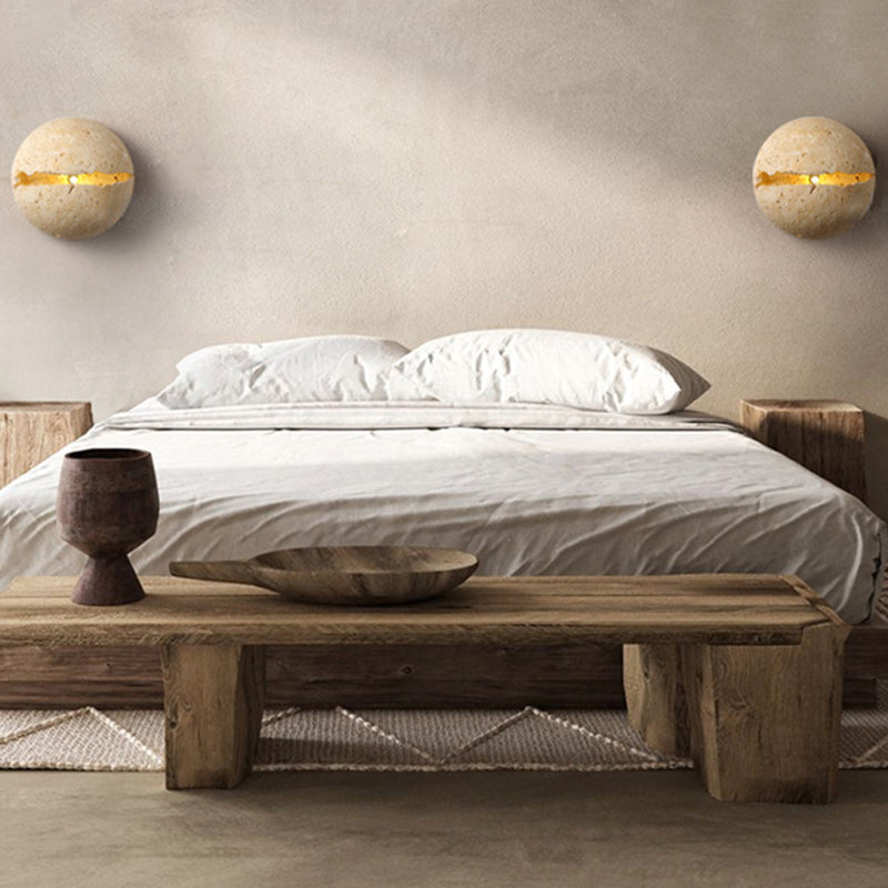 Traditional Japanese Wabi-Sabi Style Hemisphere Yellow Travertine 1-Light Wall Sconce Lamp For Living Room