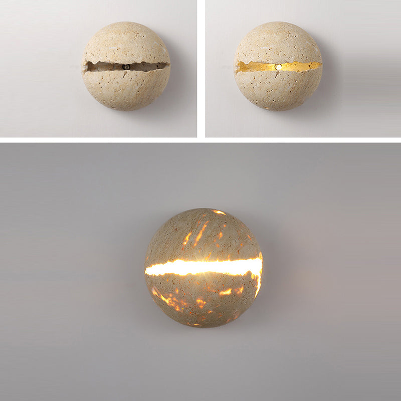 Traditional Japanese Wabi-Sabi Style Hemisphere Yellow Travertine 1-Light Wall Sconce Lamp For Living Room