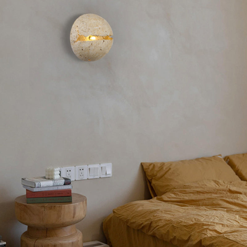Traditional Japanese Wabi-Sabi Style Hemisphere Yellow Travertine 1-Light Wall Sconce Lamp For Living Room