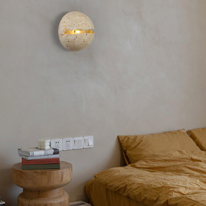 Traditional Japanese Wabi-Sabi Style Hemisphere Yellow Travertine 1-Light Wall Sconce Lamp For Living Room