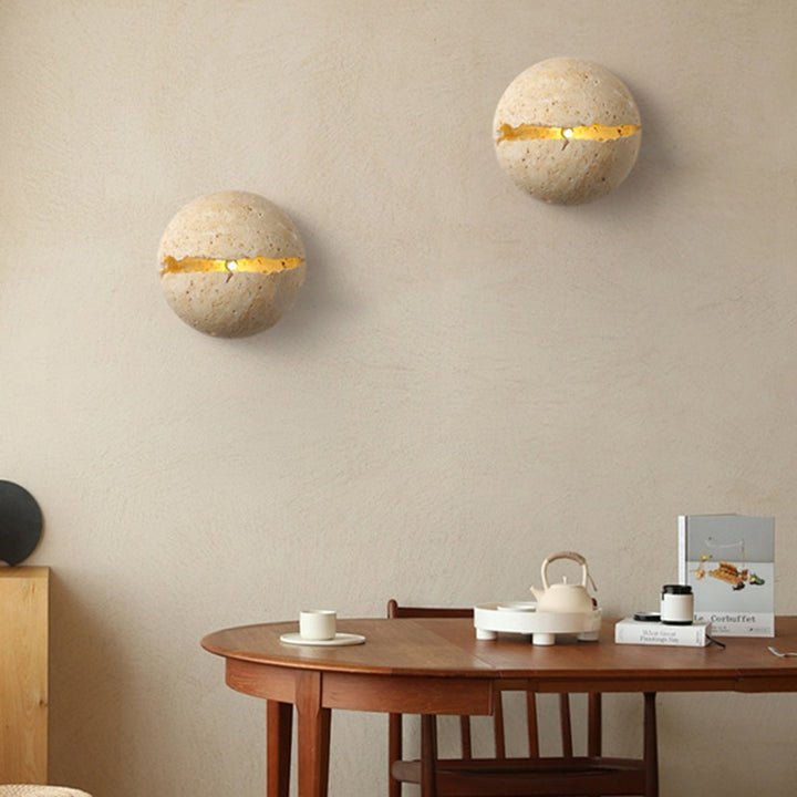 Traditional Japanese Wabi-Sabi Style Hemisphere Yellow Travertine 1-Light Wall Sconce Lamp For Living Room