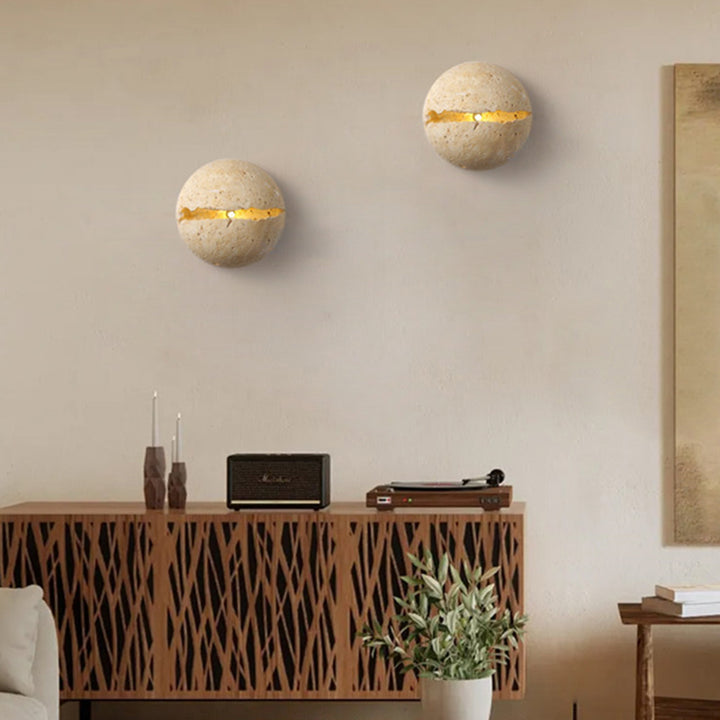 Traditional Japanese Wabi-Sabi Style Hemisphere Yellow Travertine 1-Light Wall Sconce Lamp For Living Room