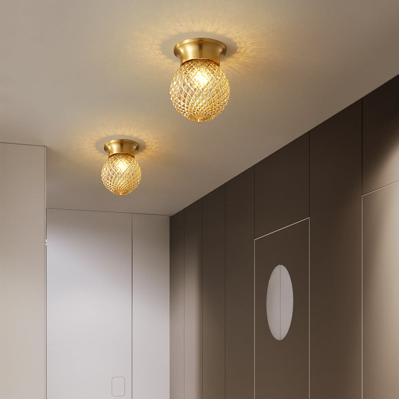 Modern Luxury Globe Glass Shade Brass Base 1-Light Semi-Flush Mount Ceiling Light For Hallway