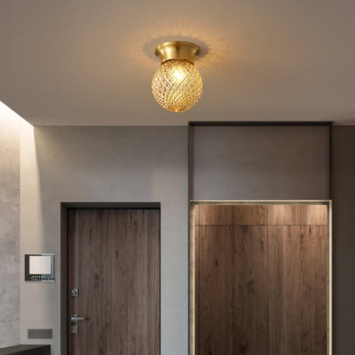 Modern Luxury Globe Glass Shade Brass Base 1-Light Semi-Flush Mount Ceiling Light For Hallway
