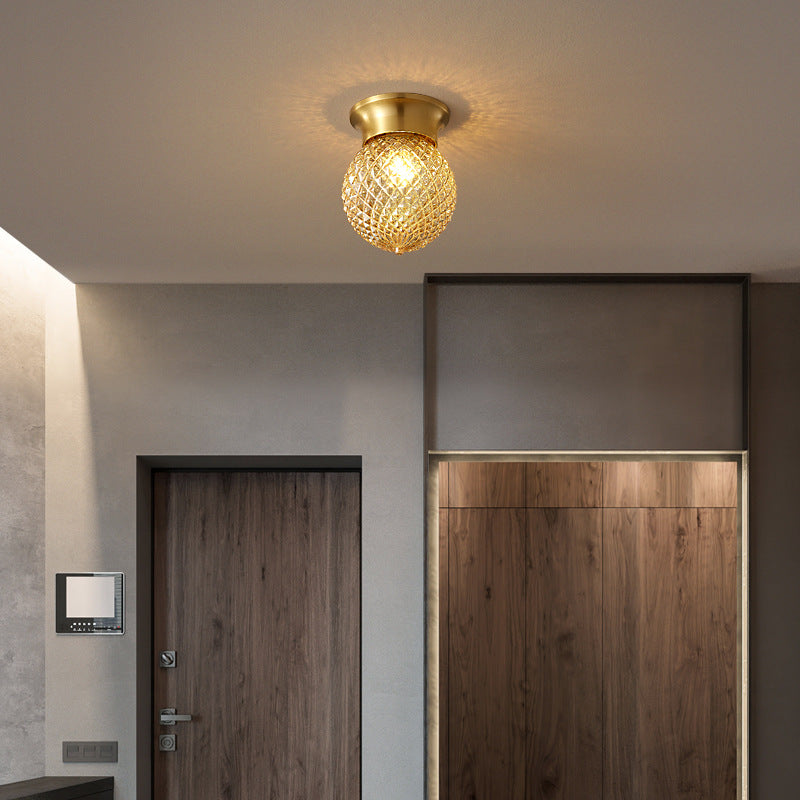 Modern Luxury Globe Glass Shade Brass Base 1-Light Semi-Flush Mount Ceiling Light For Hallway