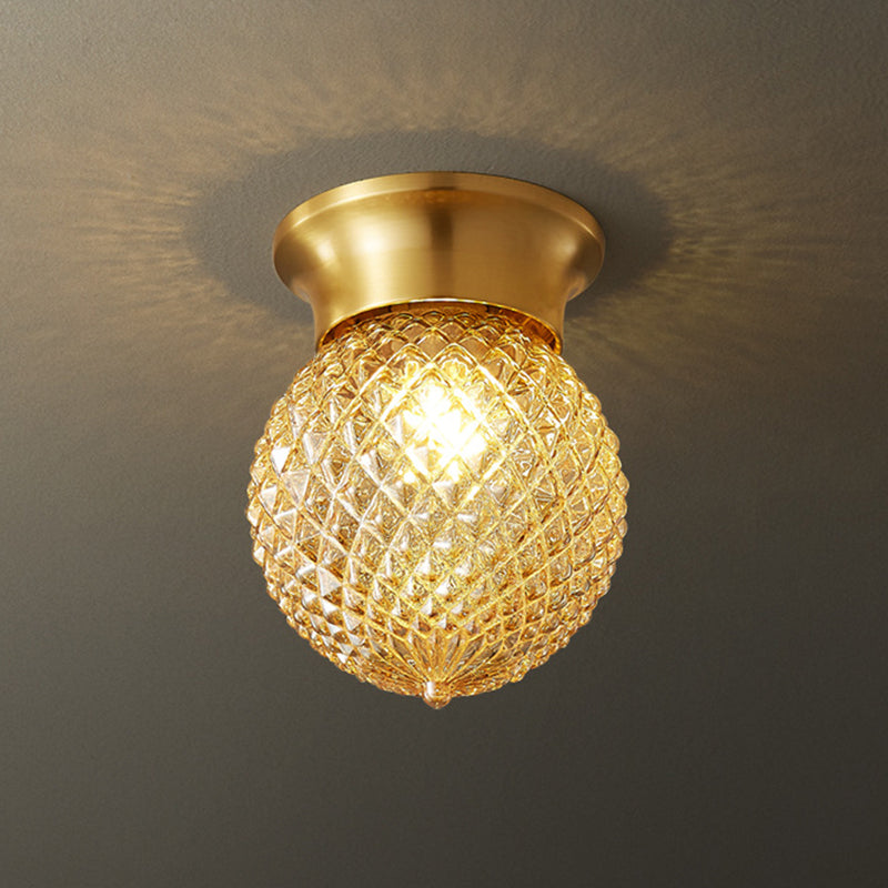 Modern Luxury Globe Glass Shade Brass Base 1-Light Semi-Flush Mount Ceiling Light For Hallway