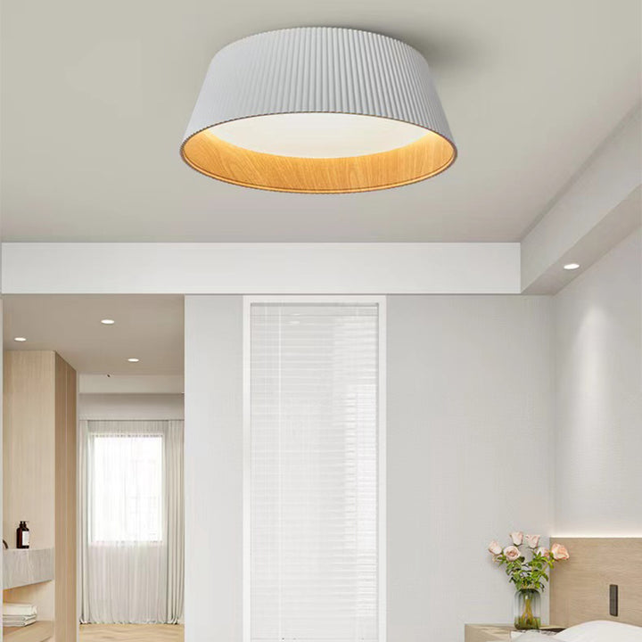 Modern Minimalist Wooden Grain Cylinder Iron Acrylic LED Flush Mount Ceiling Light For Bedroom