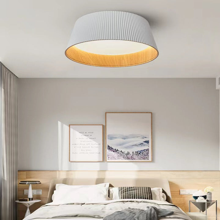 Modern Minimalist Wooden Grain Cylinder Iron Acrylic LED Flush Mount Ceiling Light For Bedroom