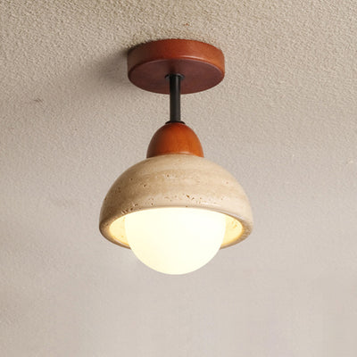 Traditional Japanese Wabi-Sabi Cylinder Yellow Travertine Solid Wood 1-Light Semi-Flush Mount Ceiling Light For Bedroom