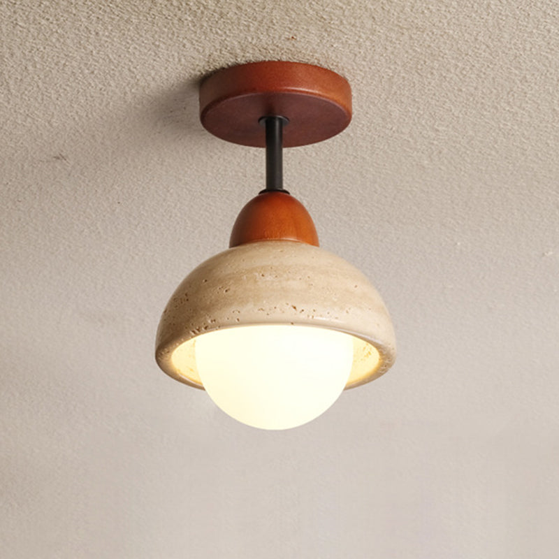 Traditional Japanese Wabi-Sabi Cylinder Yellow Travertine Solid Wood 1-Light Semi-Flush Mount Ceiling Light For Bedroom