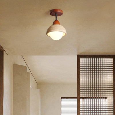 Traditional Japanese Wabi-Sabi Cylinder Yellow Travertine Solid Wood 1-Light Semi-Flush Mount Ceiling Light For Bedroom