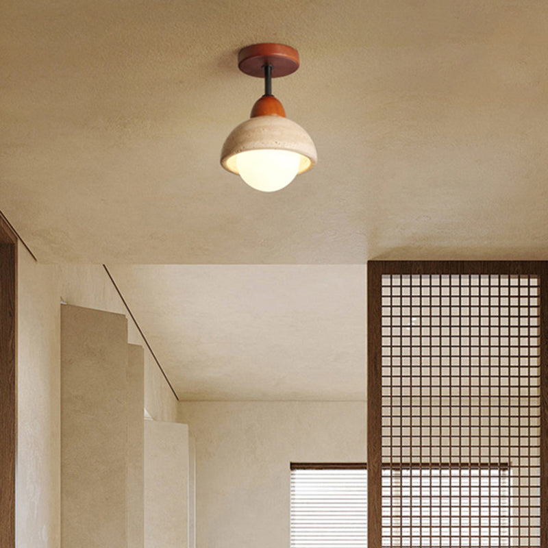 Traditional Japanese Wabi-Sabi Cylinder Yellow Travertine Solid Wood 1-Light Semi-Flush Mount Ceiling Light For Bedroom