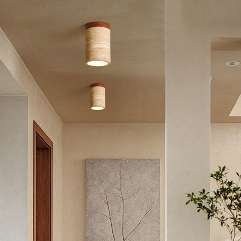 Traditional Japanese Wabi-Sabi Cylinder Yellow Travertine Solid Wood 1-Light Semi-Flush Mount Ceiling Light For Bedroom