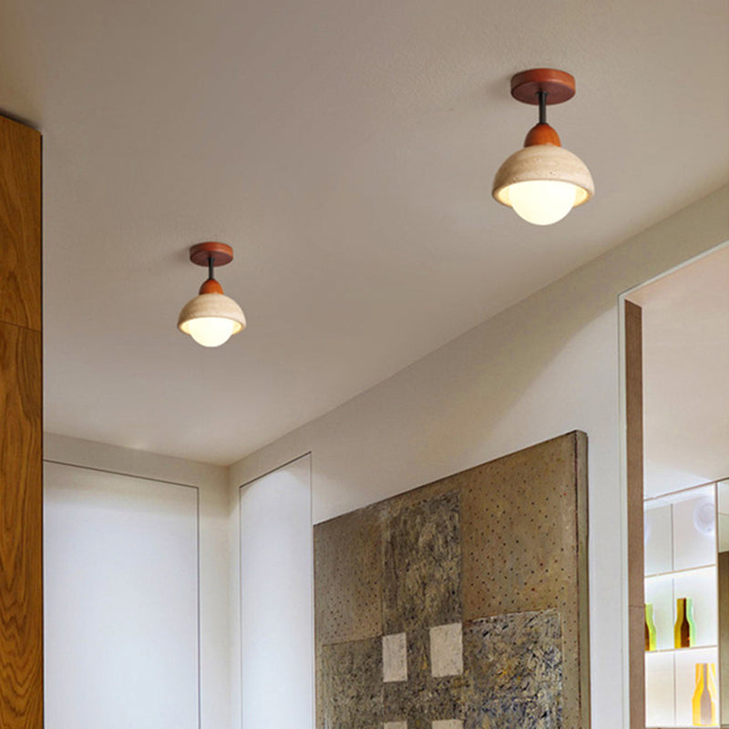 Traditional Japanese Wabi-Sabi Cylinder Yellow Travertine Solid Wood 1-Light Semi-Flush Mount Ceiling Light For Bedroom