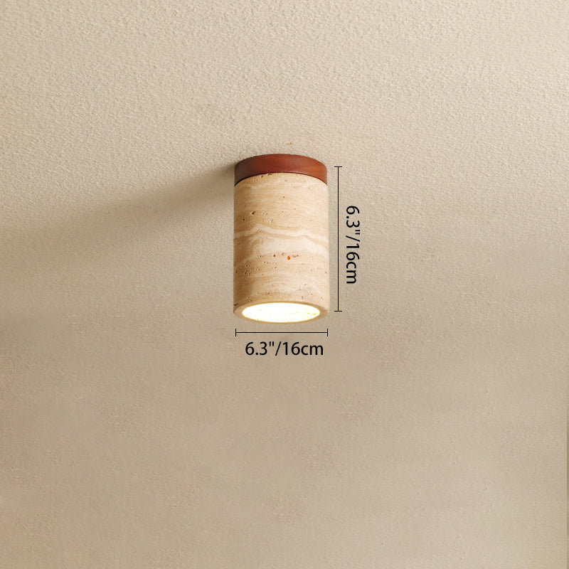 Traditional Japanese Wabi-Sabi Cylinder Yellow Travertine Solid Wood 1-Light Semi-Flush Mount Ceiling Light For Bedroom