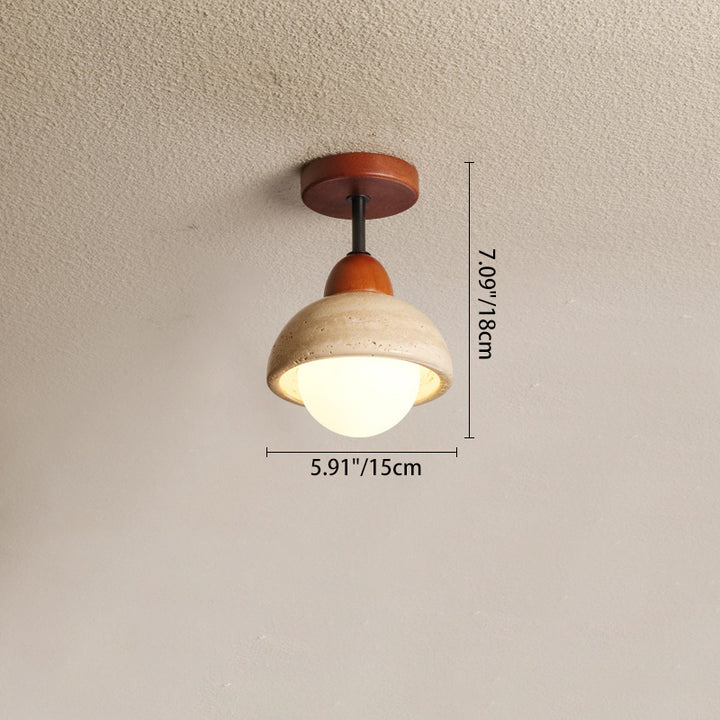 Traditional Japanese Wabi-Sabi Cylinder Yellow Travertine Solid Wood 1-Light Semi-Flush Mount Ceiling Light For Bedroom