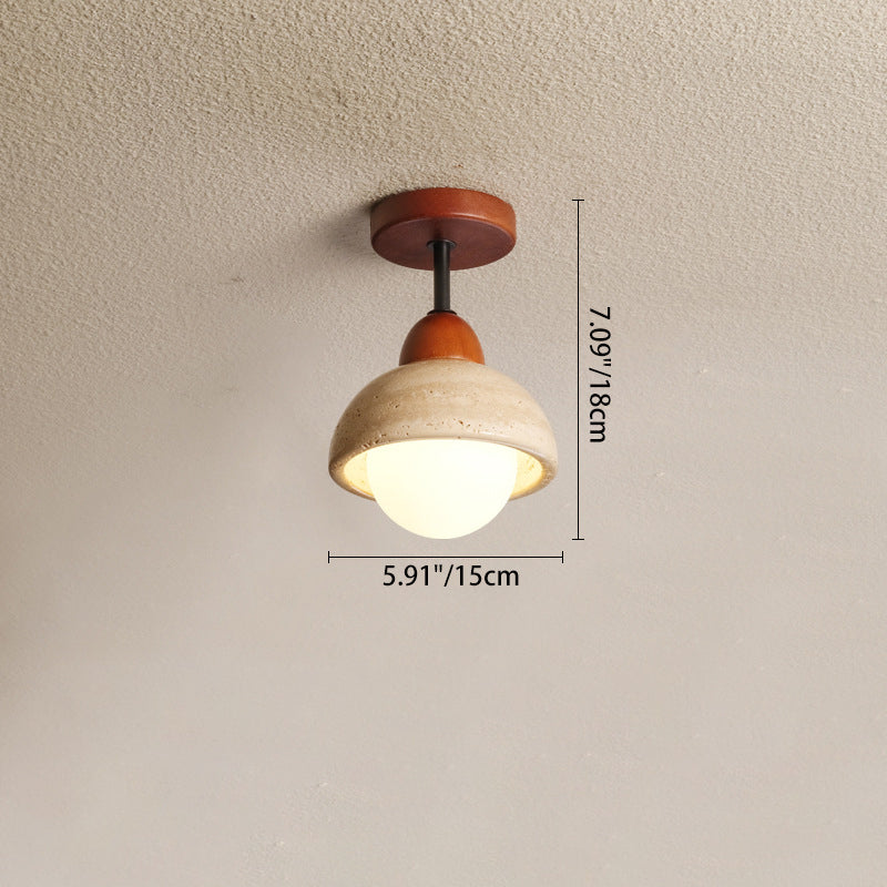 Traditional Japanese Wabi-Sabi Cylinder Yellow Travertine Solid Wood 1-Light Semi-Flush Mount Ceiling Light For Bedroom