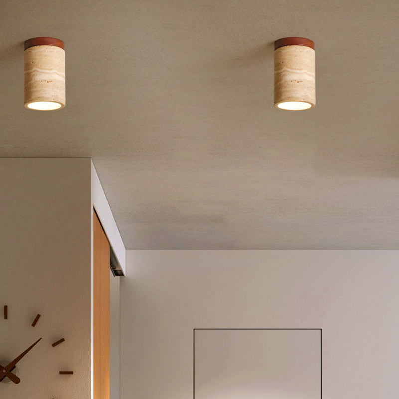 Traditional Japanese Wabi-Sabi Cylinder Yellow Travertine Solid Wood 1-Light Semi-Flush Mount Ceiling Light For Bedroom