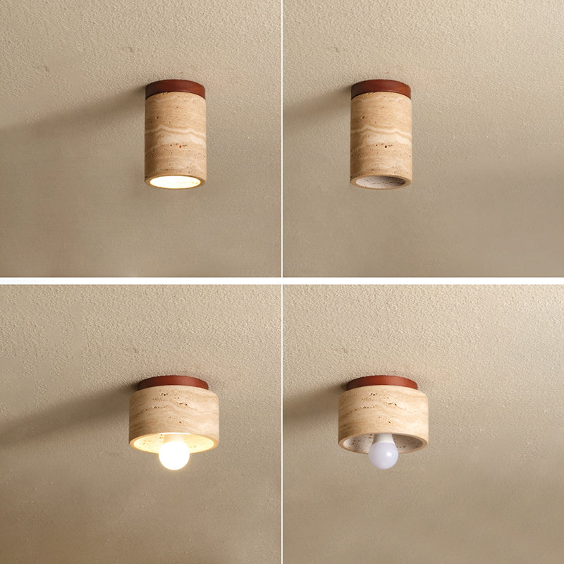 Traditional Japanese Wabi-Sabi Cylinder Yellow Travertine Solid Wood 1-Light Semi-Flush Mount Ceiling Light For Bedroom