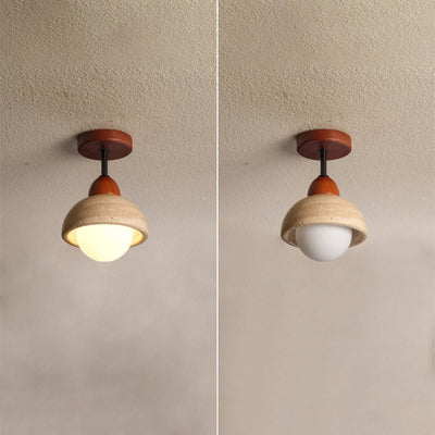 Traditional Japanese Wabi-Sabi Cylinder Yellow Travertine Solid Wood 1-Light Semi-Flush Mount Ceiling Light For Bedroom