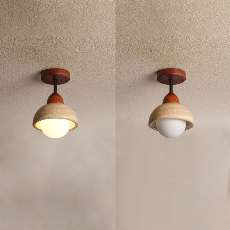 Traditional Japanese Wabi-Sabi Cylinder Yellow Travertine Solid Wood 1-Light Semi-Flush Mount Ceiling Light For Bedroom