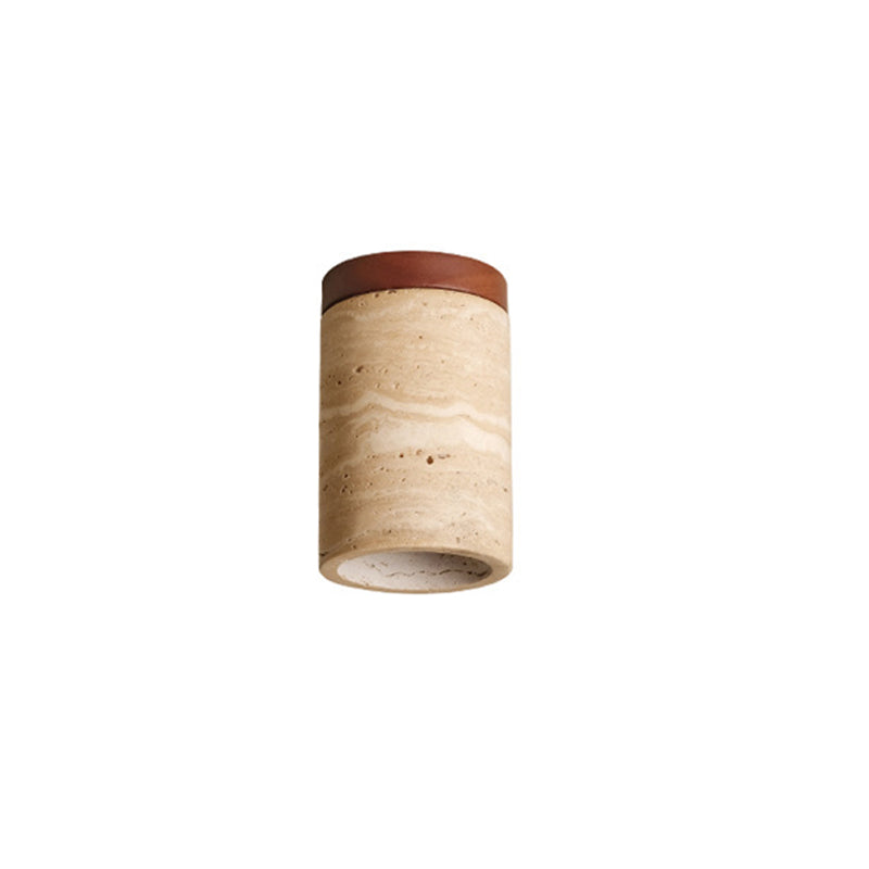 Traditional Japanese Wabi-Sabi Cylinder Yellow Travertine Solid Wood 1-Light Semi-Flush Mount Ceiling Light For Bedroom